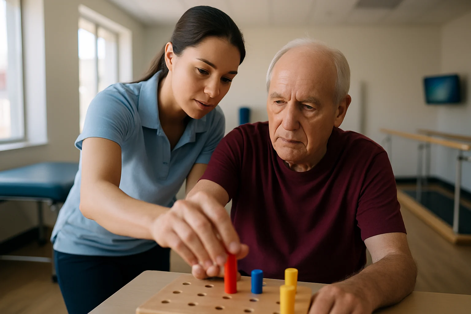 康复训练师指导中风患者进行左手精细动作训练