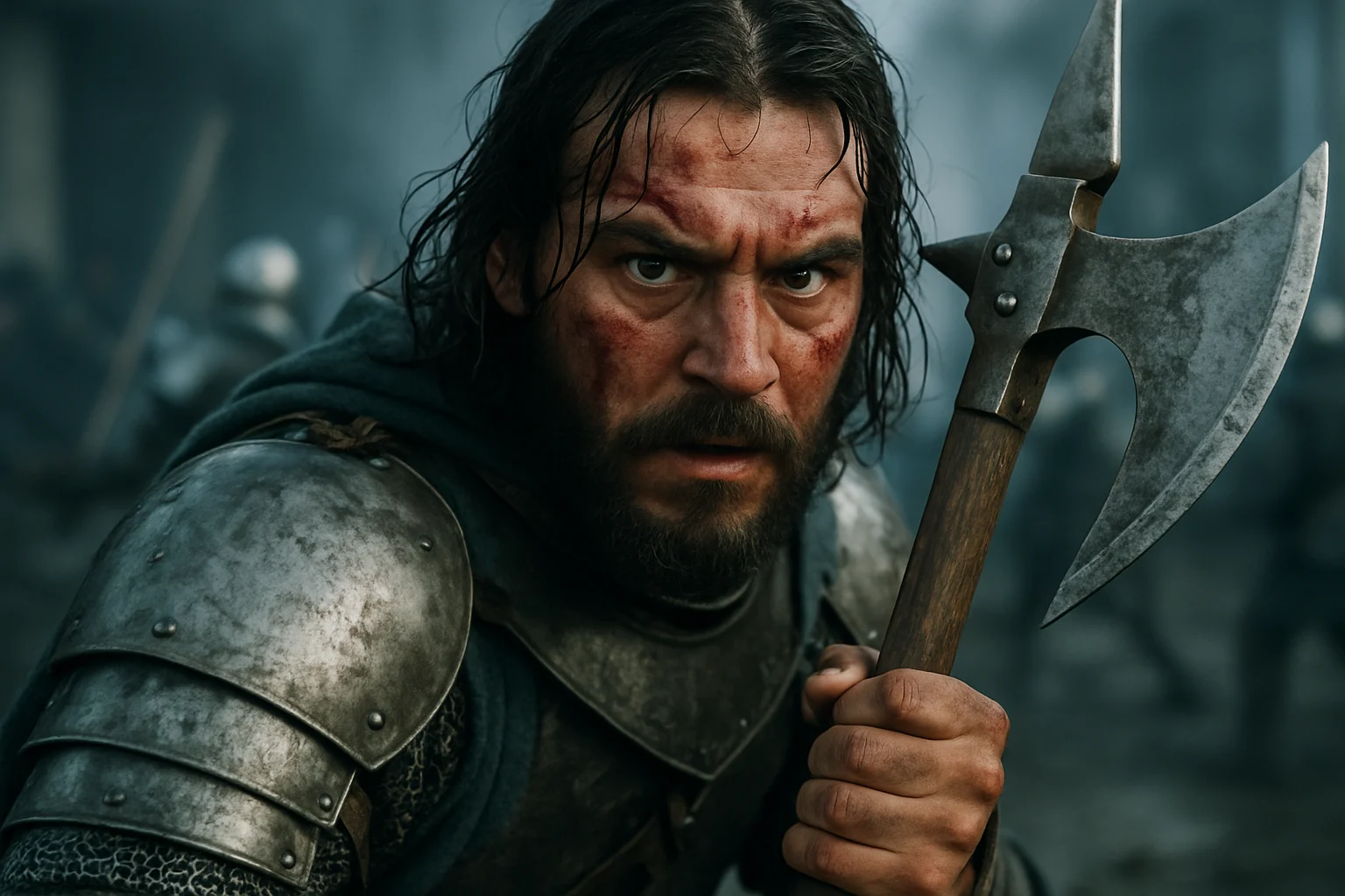 何润东眼神特写,眼神犀利,嘴角微扬,背景虚化