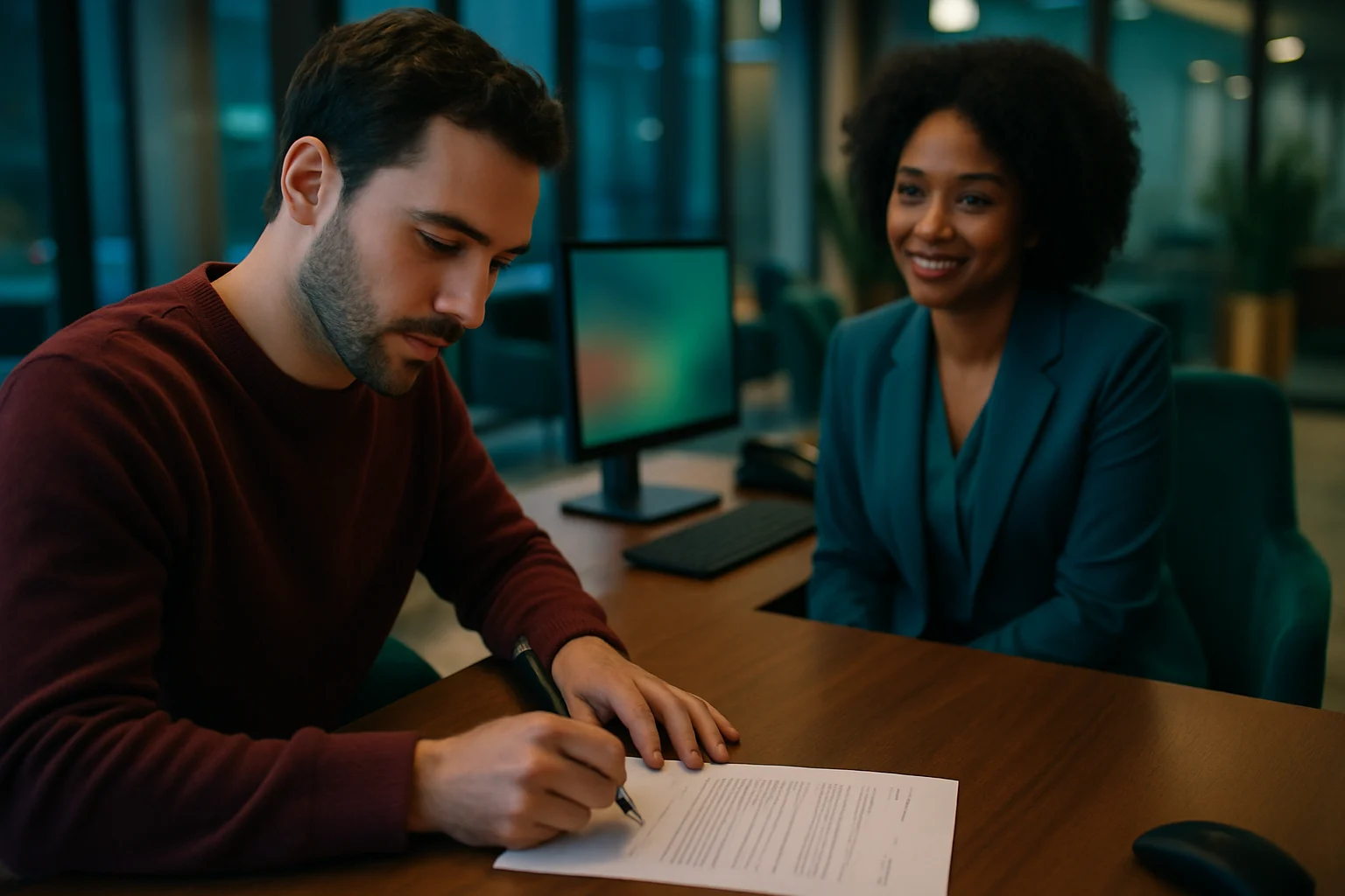 銀行櫃檯服務人員協助客戶辦理存摺開戶手續