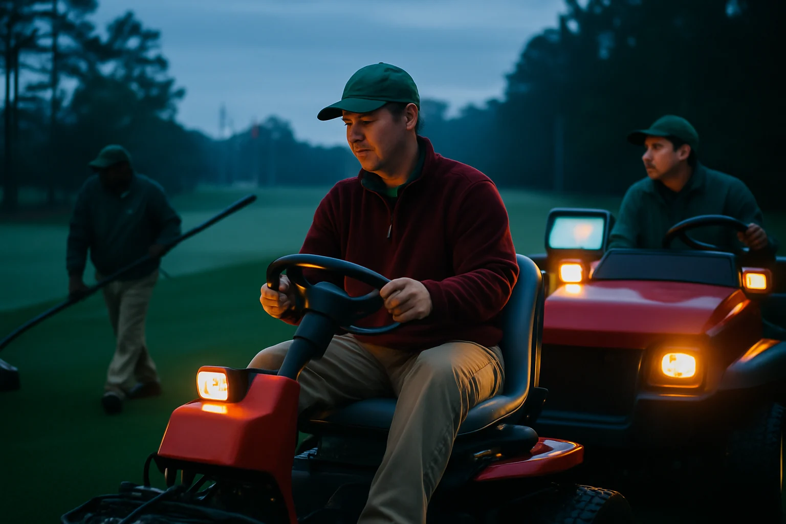 Augusta National Golf Club maintenance crew preparing pristine fairways with modern equipment during early morning hours