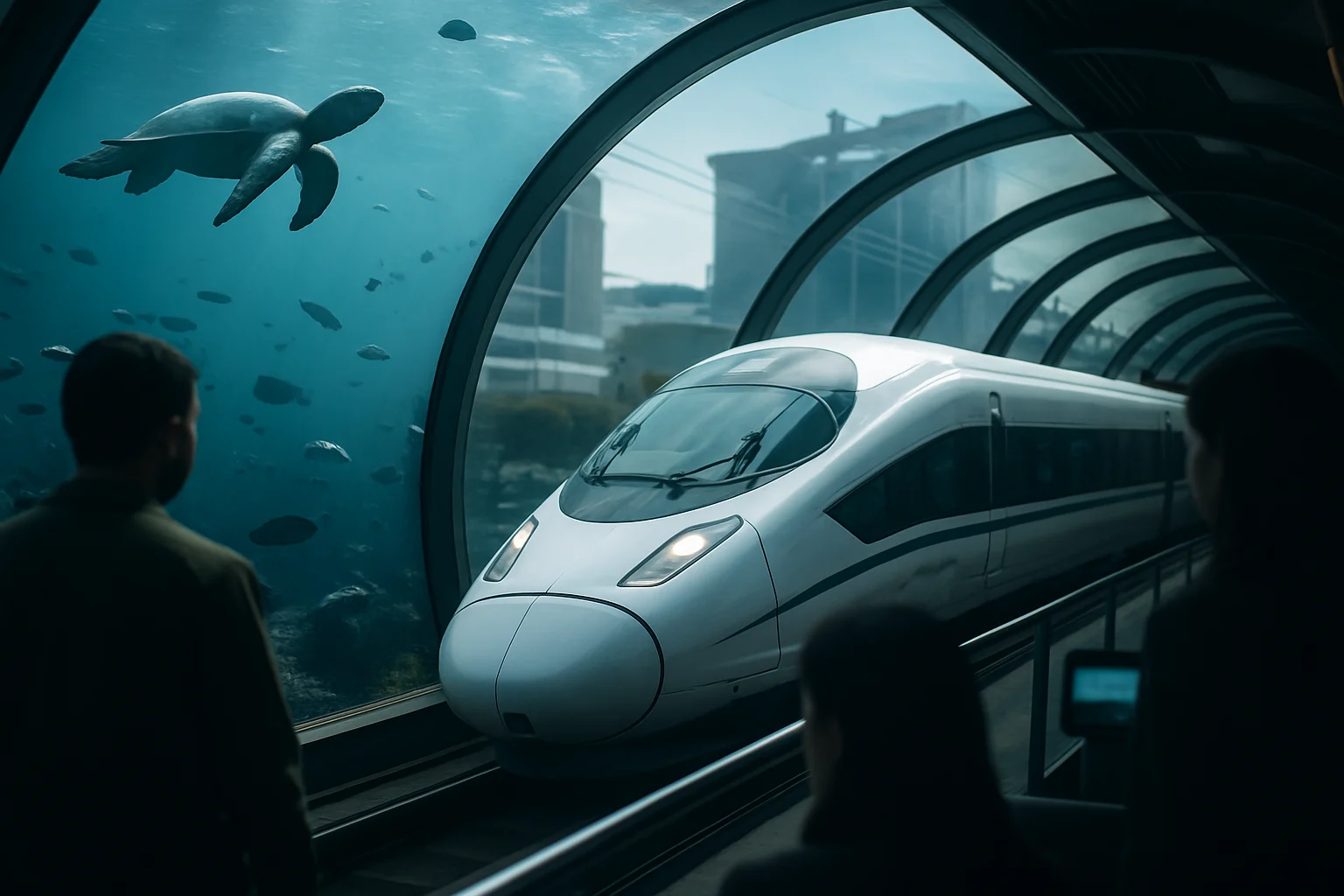 甬舟铁路建成后的效果图，高铁列车穿越海底隧道连接宁波舟山