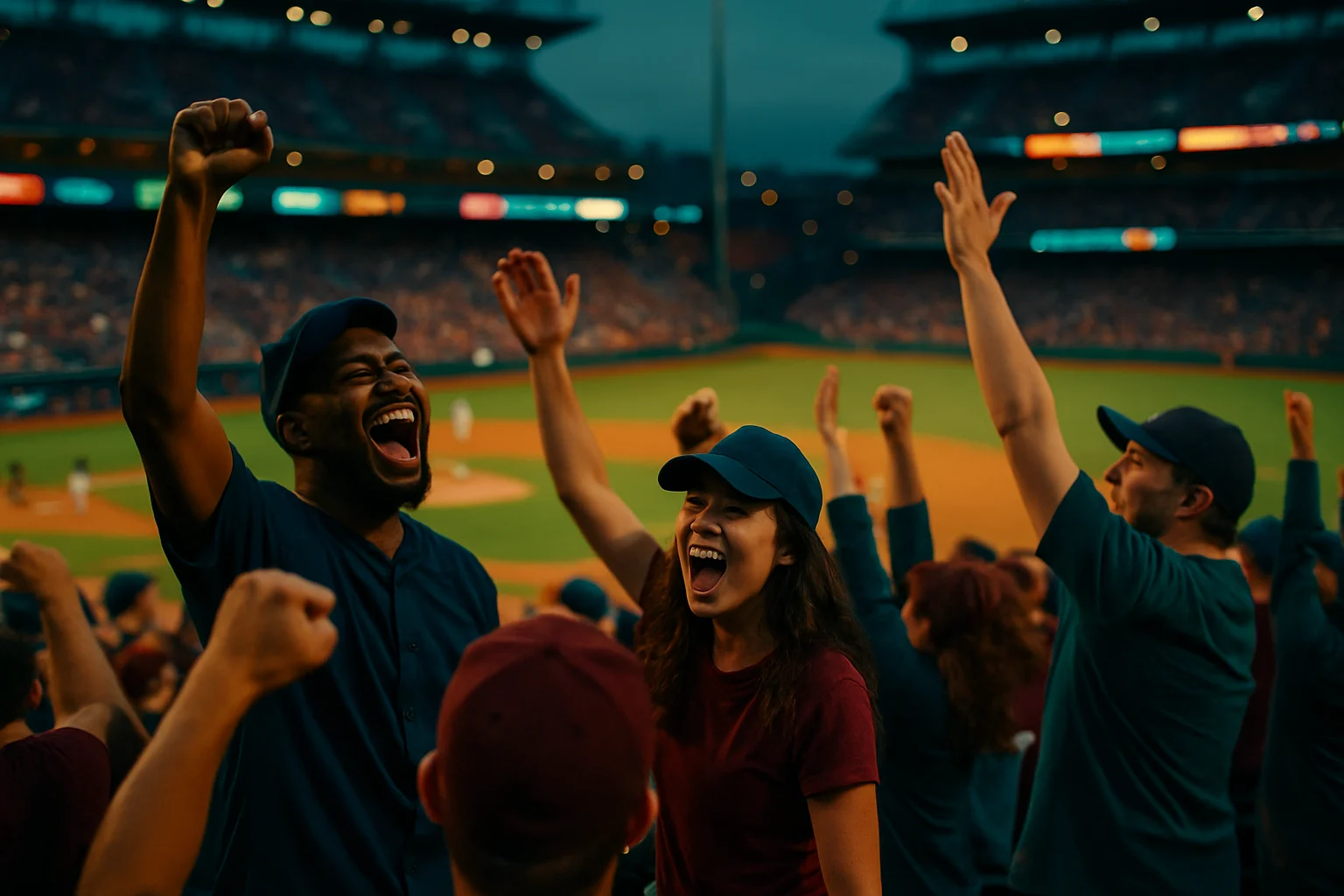 棒球場上打擊瞬間搭配 MLB 統計數據看板的視覺概念圖