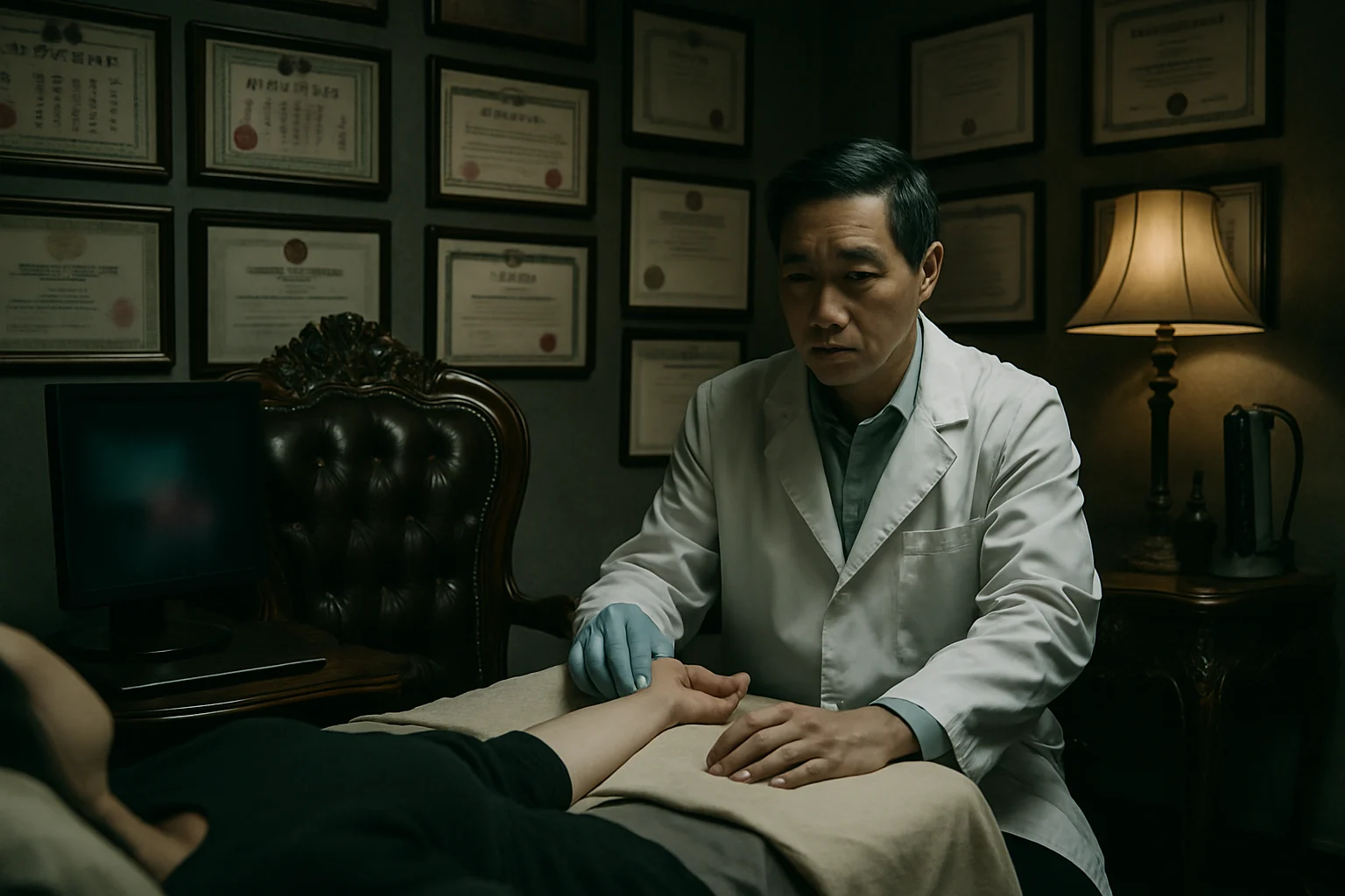 黑中医馆内部装修精美的诊室，墙上挂着各种中医证书