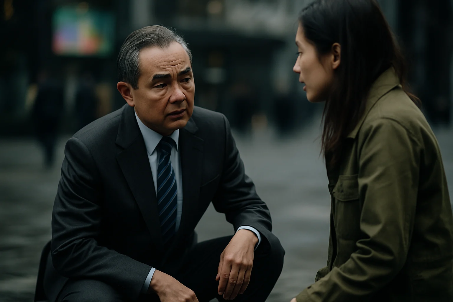 王毅在江东郡志愿军烈士陵园单膝跪地献花的庄严场面