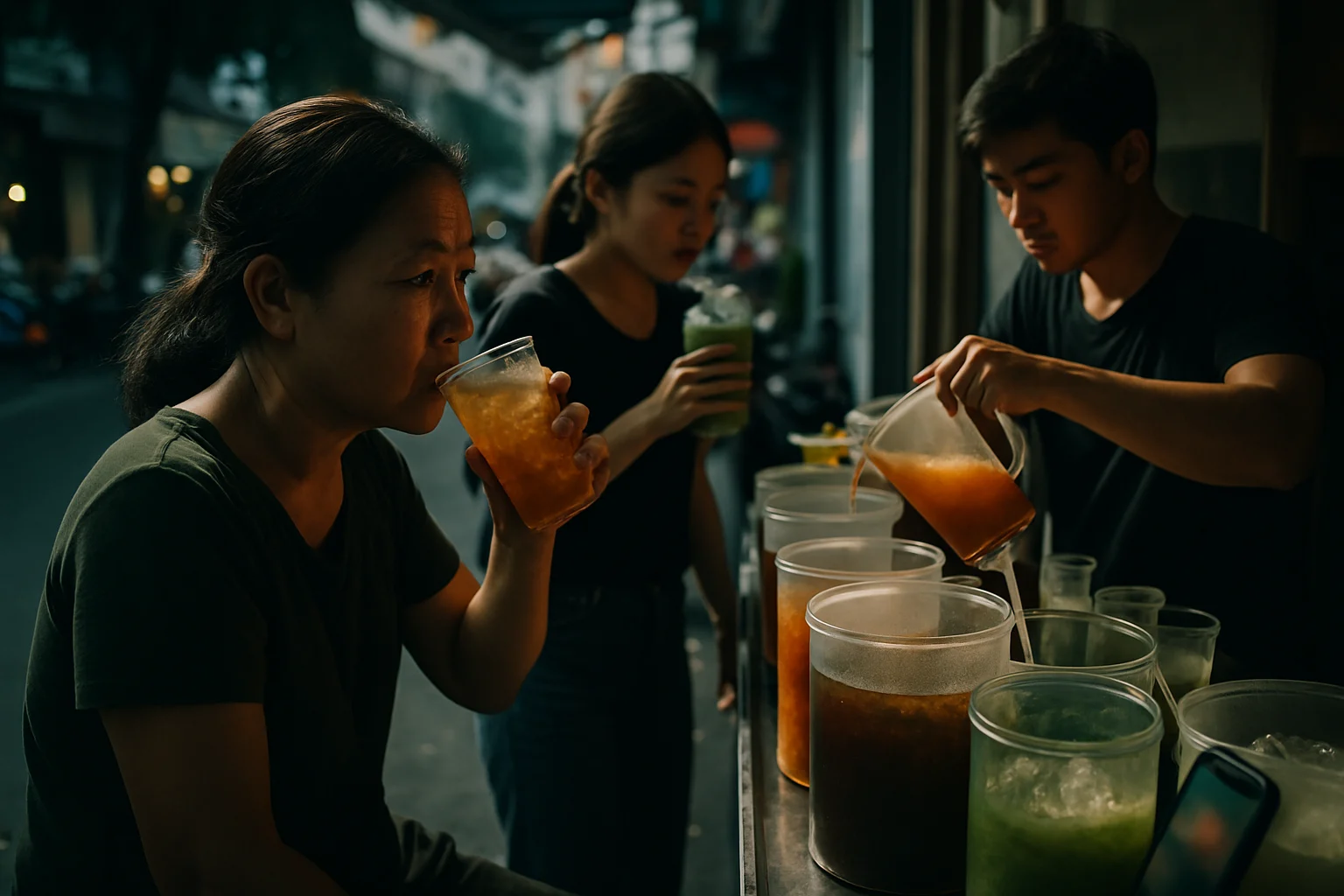 Người dân TPHCM uống nước giải khát tại quầy nước mía trong ngày nắng nóng 37 độ C