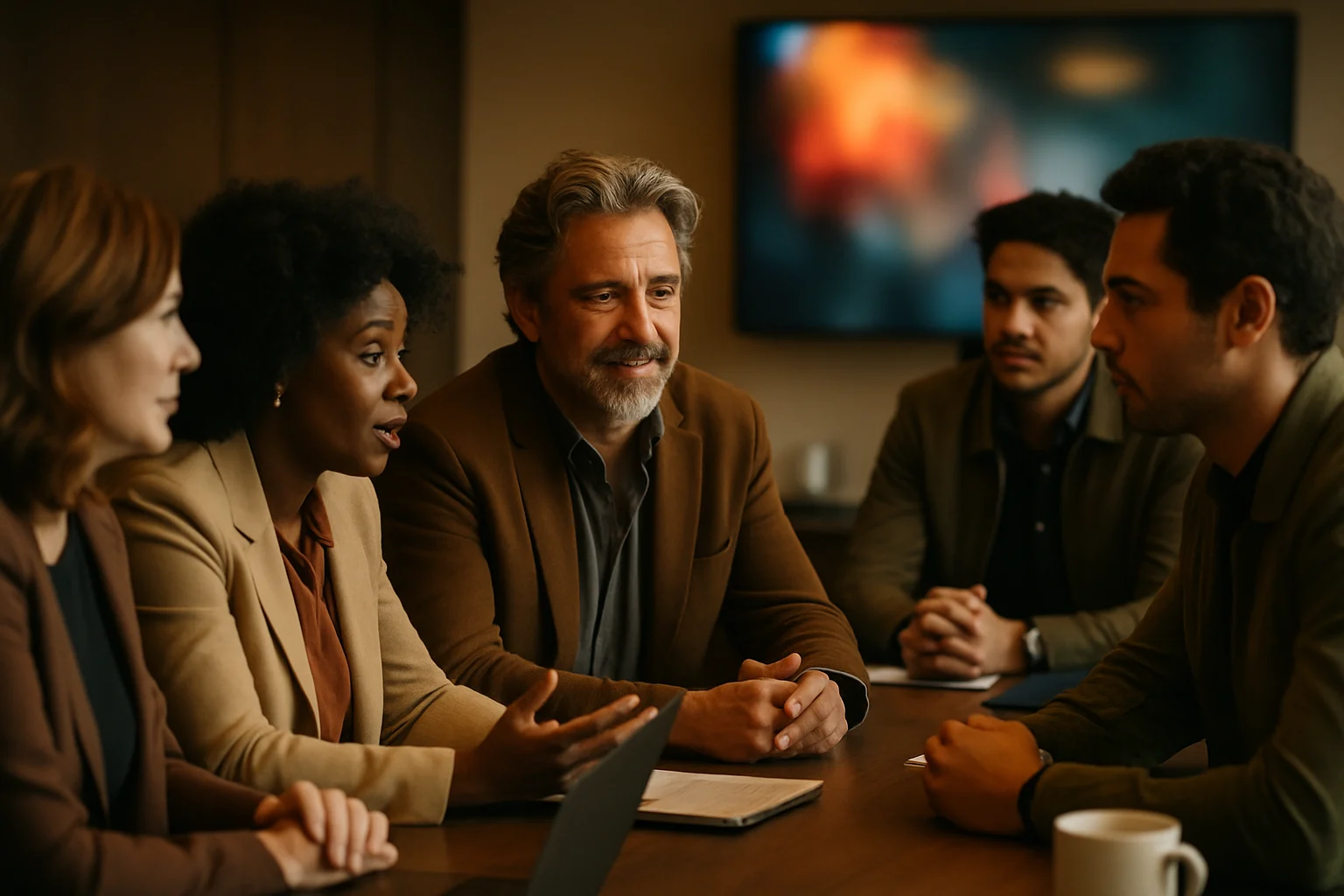 Entertainment industry executives in boardroom meeting discussing merger implications with charts on wall