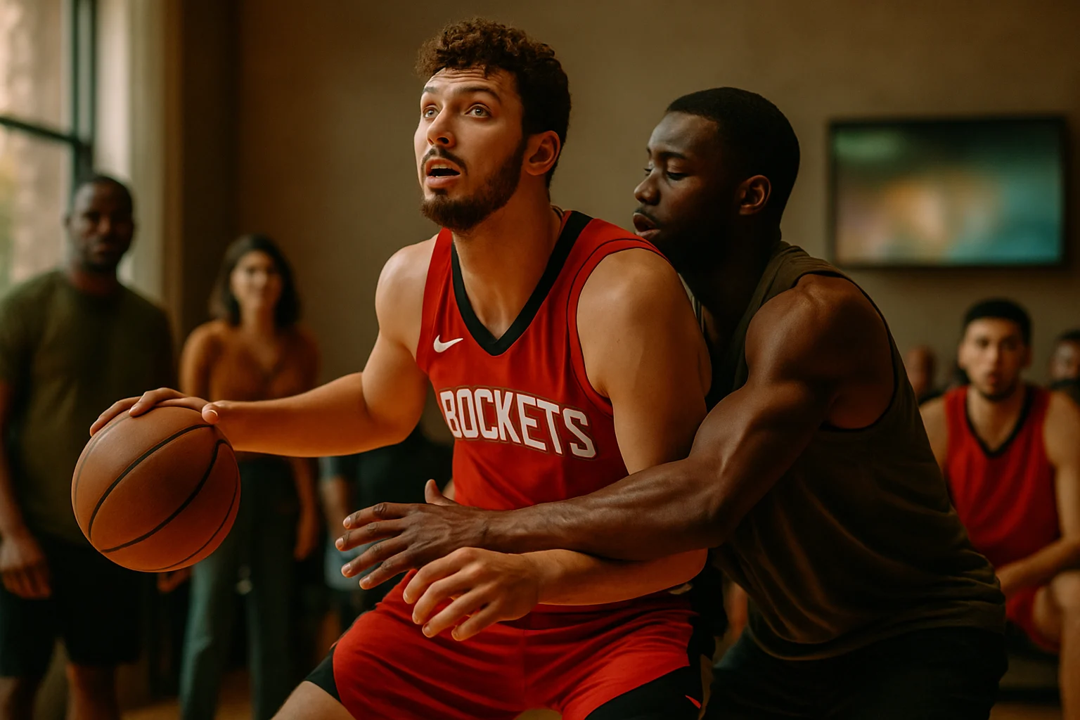Alperen Şengün in Houston Rockets jersey number 28 performing a post move during 2026 NBA playoffs