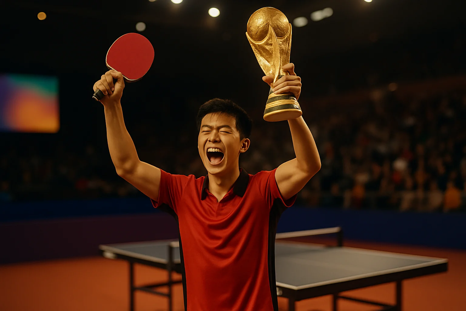 王楚钦举起世界杯冠军奖杯庆祝瞬间