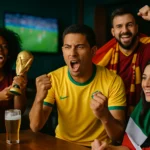 球迷在客廳用大螢幕電視觀看世足比賽，手機同時開啟社群聊天室