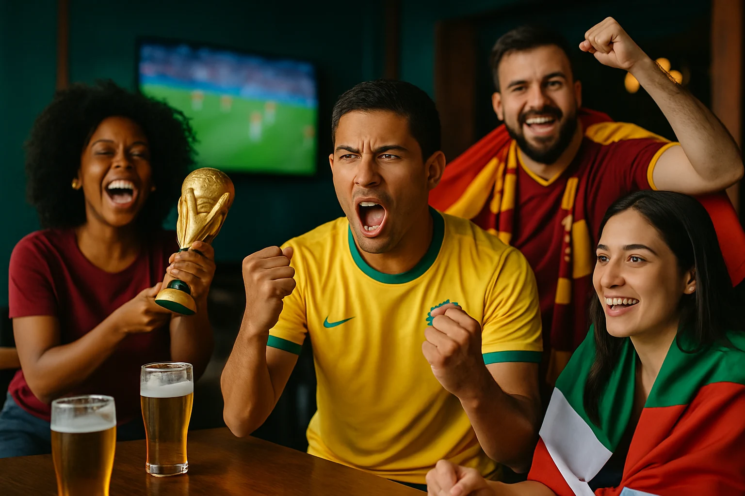 球迷在客廳用大螢幕電視觀看世足比賽，手機同時開啟社群聊天室