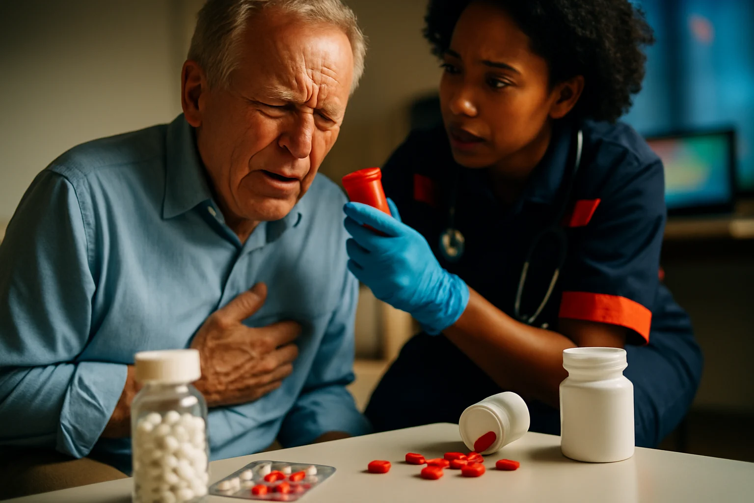 心梗急救药物硝酸甘油和阿司匹林摆放在桌上的场景