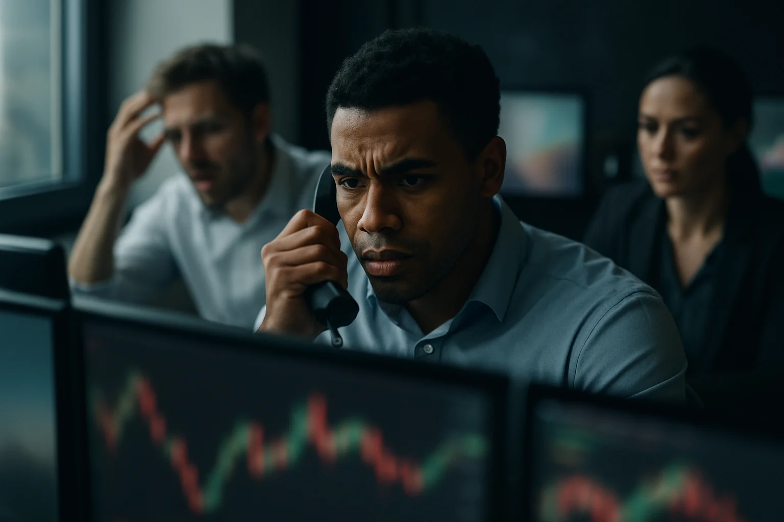 全球金融市場交易大廳,多個螢幕顯示即時股市與匯率數據