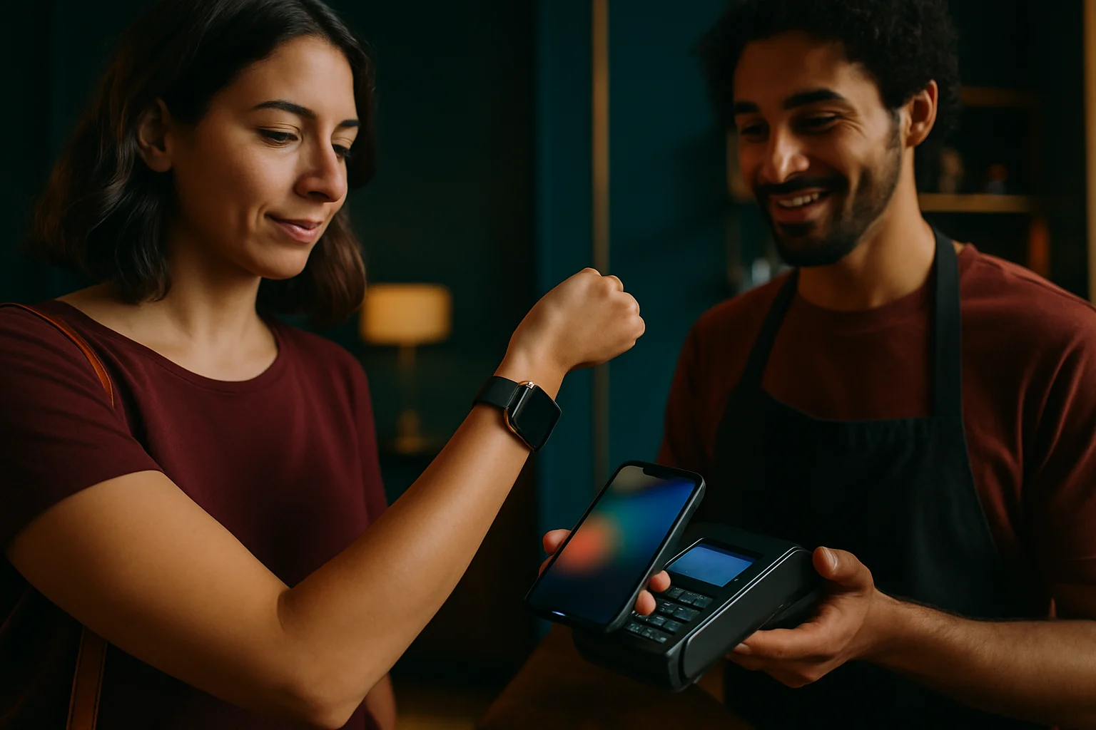 使用者用Apple Watch在便利商店感應付款購買商品