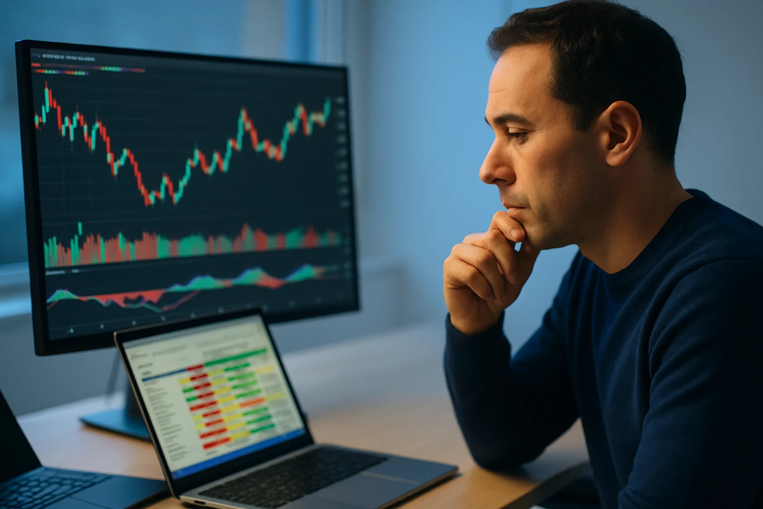 投資人在電腦前冷靜分析股票停牌資訊