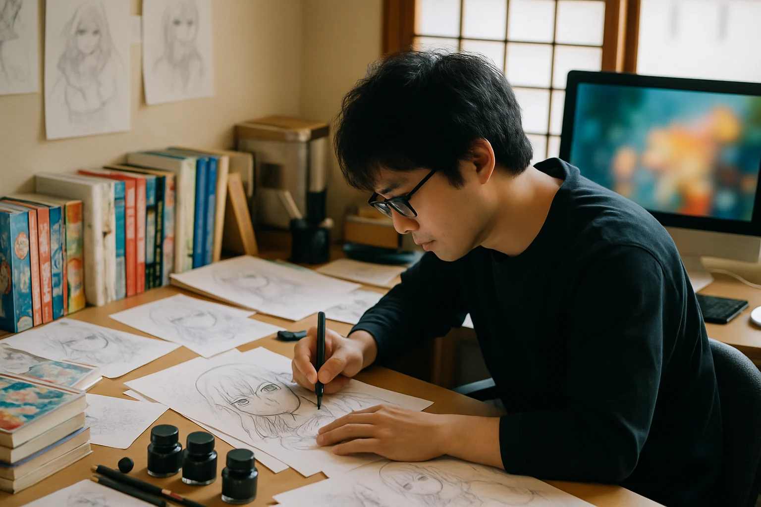 冨樫義博在工作室創作幽遊白書的珍貴照片