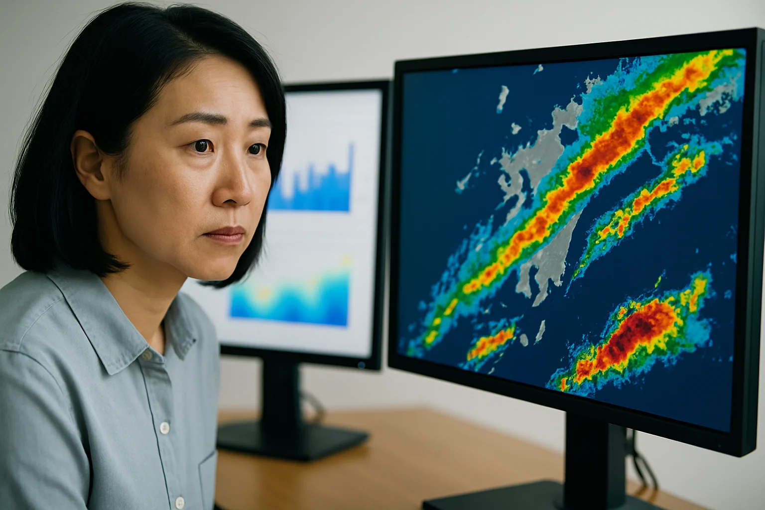九州地方の線状降水帯発生状況を示すレーダー画像と、河川水位の急激な上昇グラフ
