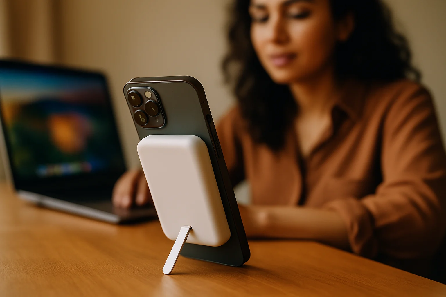 MagSafe磁吸行動電源吸附在iPhone背面並立起支架使用的實際場景