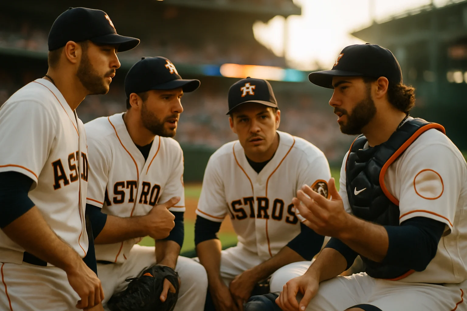 太空人隊牛棚投手群在比賽中討論戰術