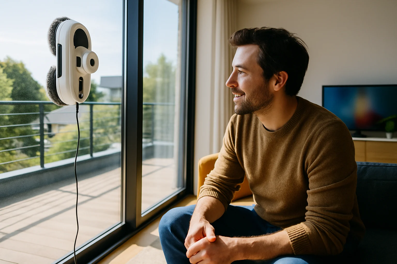 用户在家中使用擦窗机器人清洁落地窗的真实场景