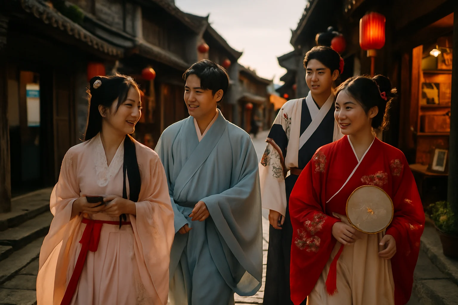 年轻人穿汉服在古城街道游览的场景照片