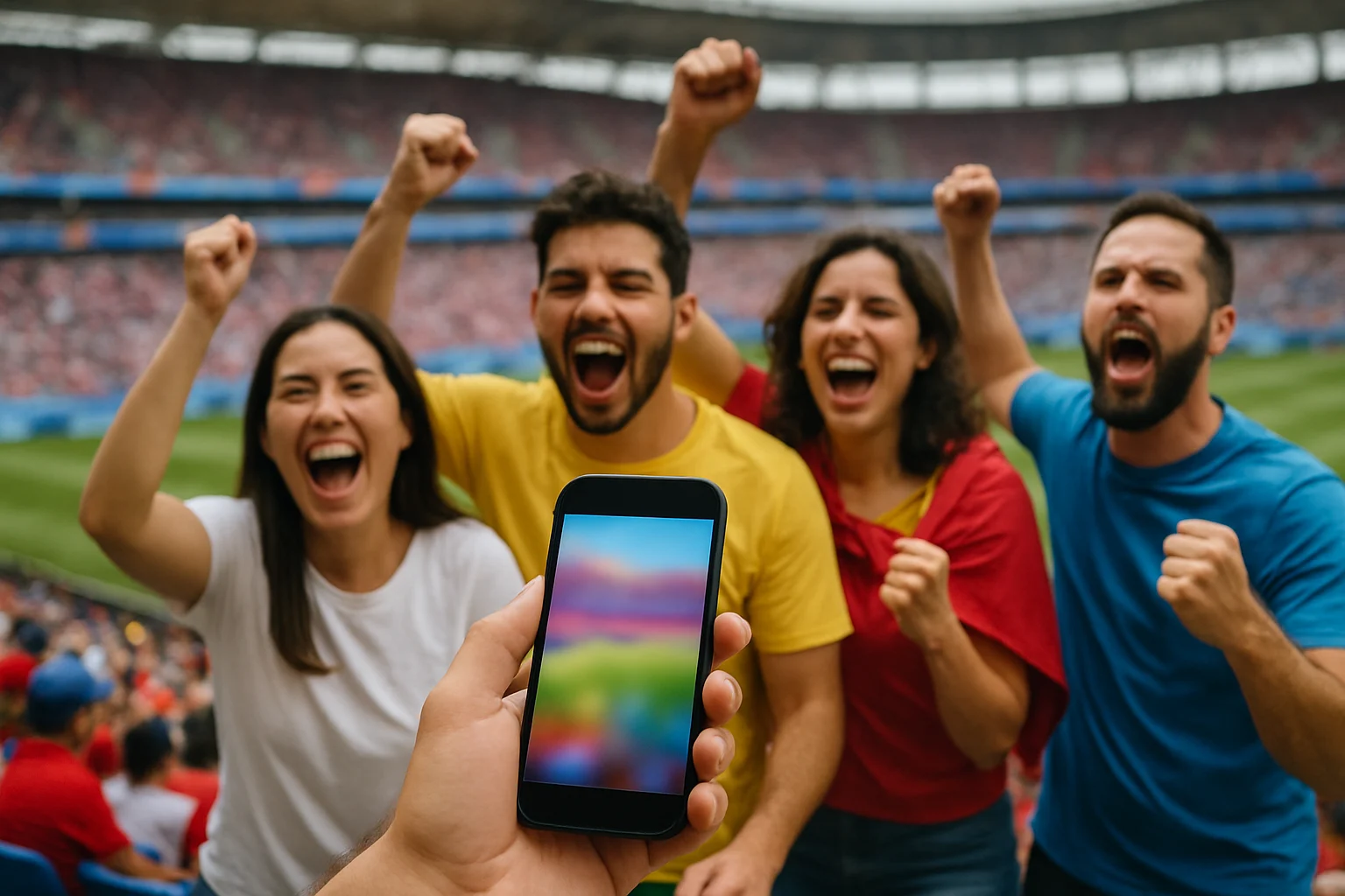 球迷在世界盃現場觀賽的熱烈氛圍與購票APP操作畫面