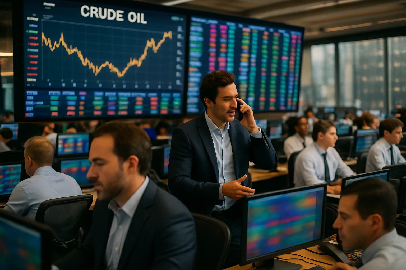 国际原油期货交易大厅，显示屏显示最新油价走势图