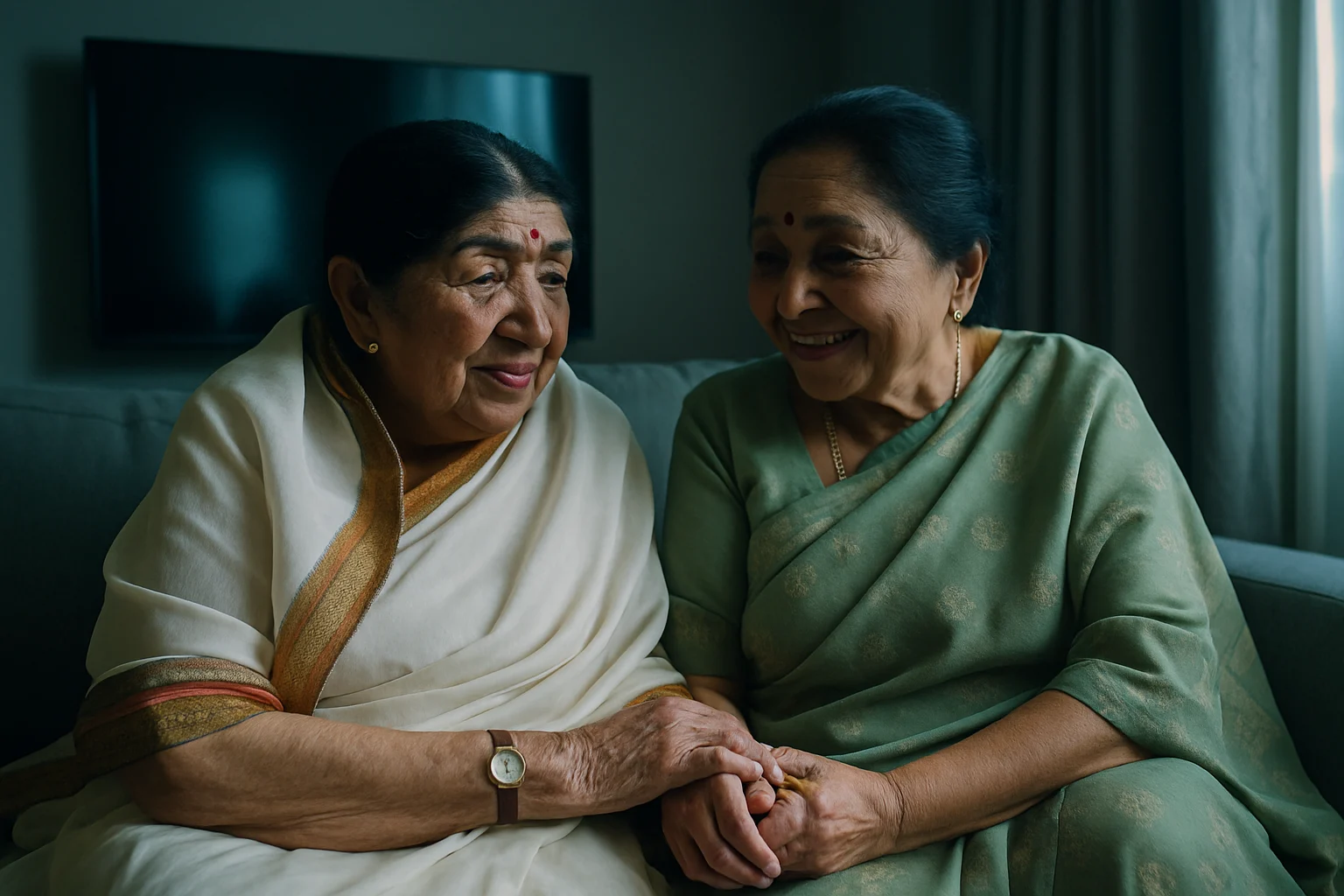 लता मंगेशकर और आशा भोसले की एक साथ की तस्वीर जिसमें दोनों बहनें मुस्कराते हुए दिख रही हैं