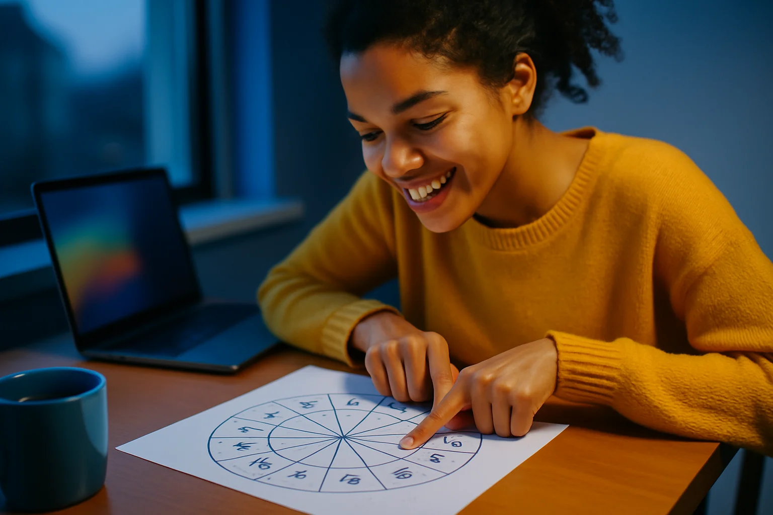 手機螢幕顯示12星座每日運勢APP介面,桌上放著咖啡杯和筆記本