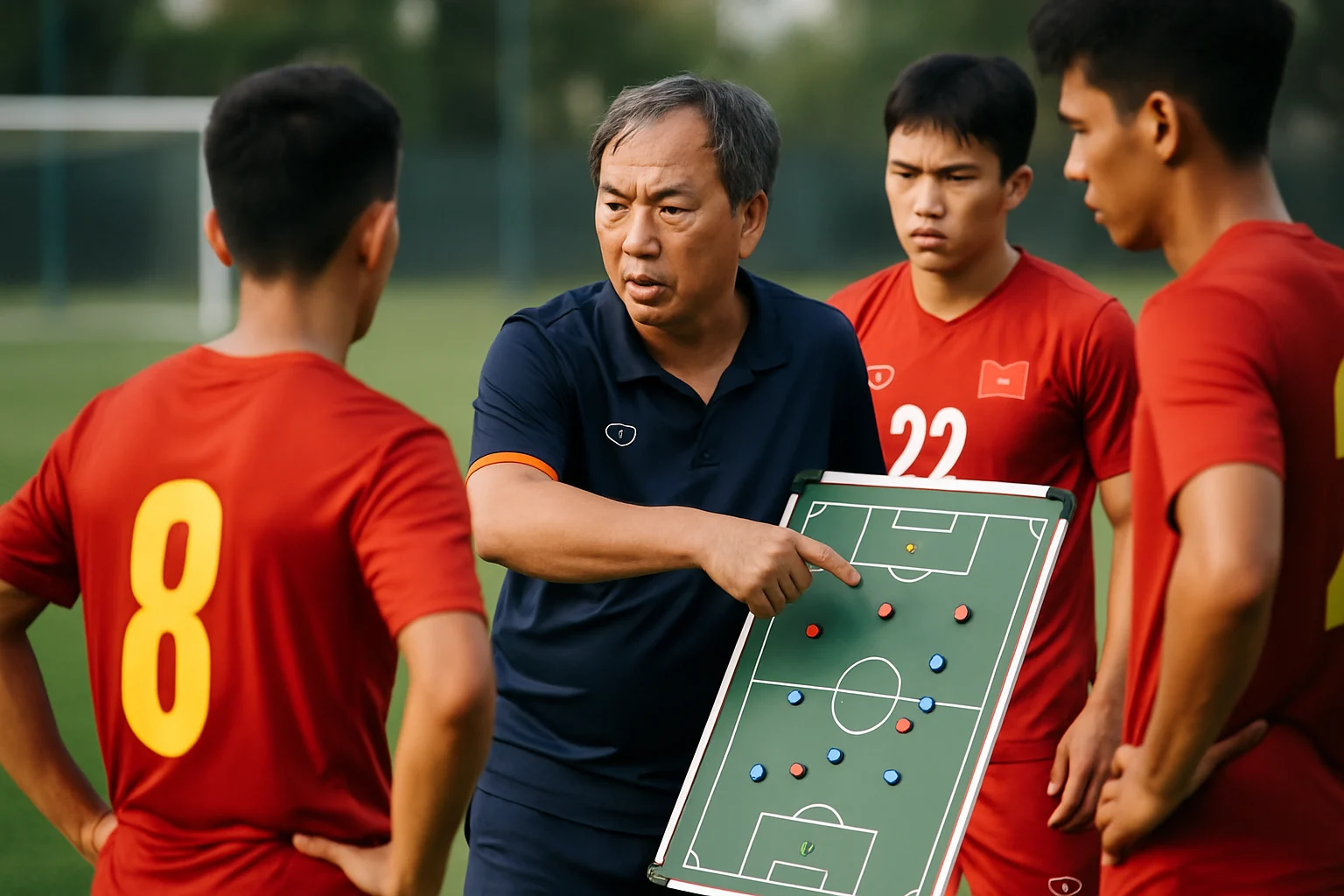 HLV Hoàng Văn Phúc trao đổi chiến thuật với các cầu thủ bóng đá nữ trên sân tập