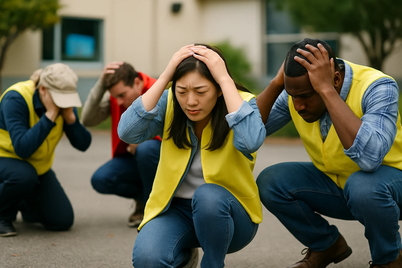民眾在空曠戶外收到地震速報後蹲低雙手保護頭部的防災應對示範