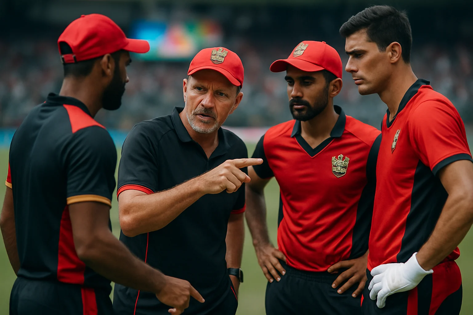 RCB गेंदबाजी अटैक मैदान पर रणनीति पर चर्चा करते हुए, निराशा के भाव