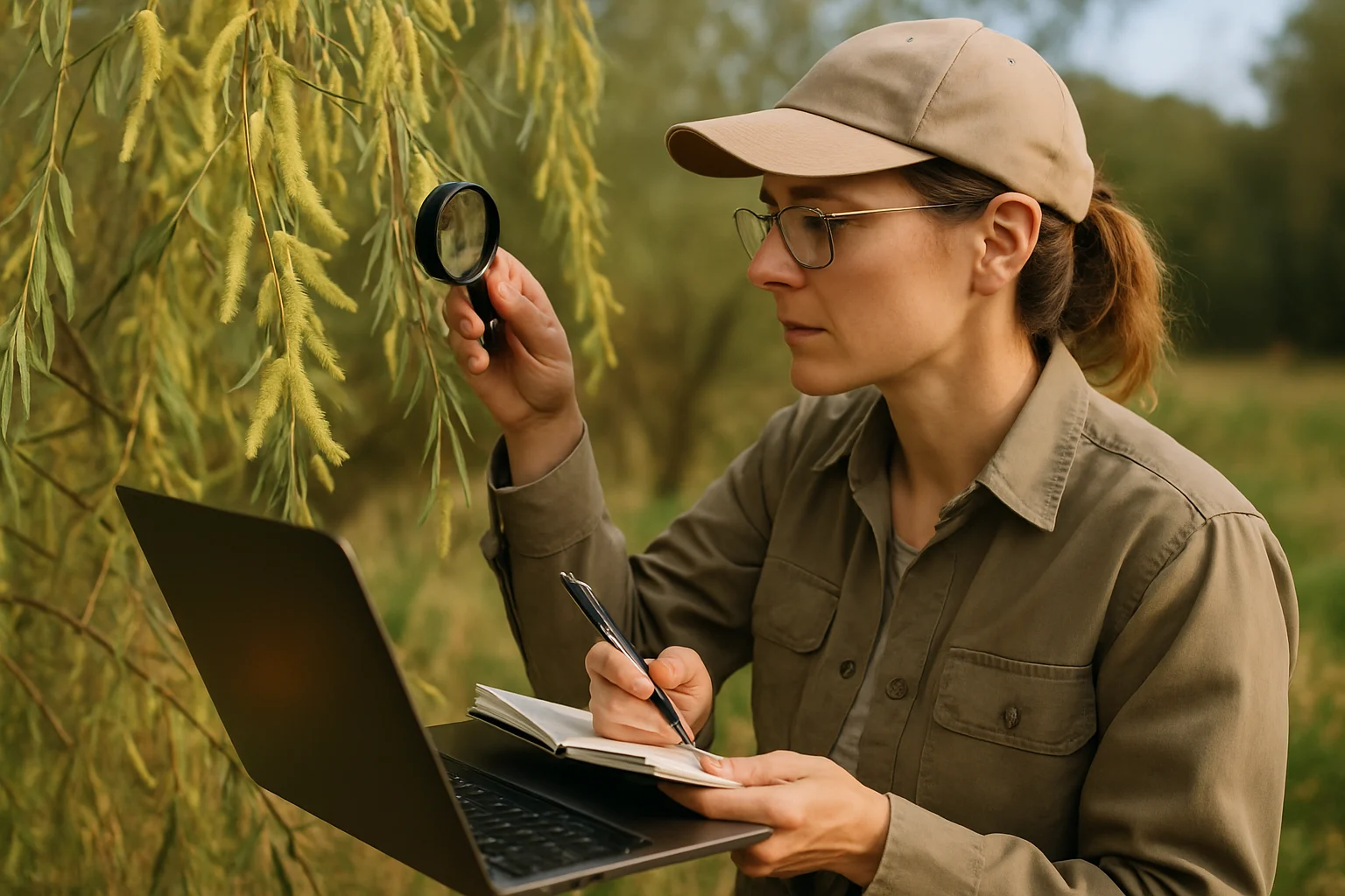 专业人员正在检测杨柳树雌雄性别的工作场景