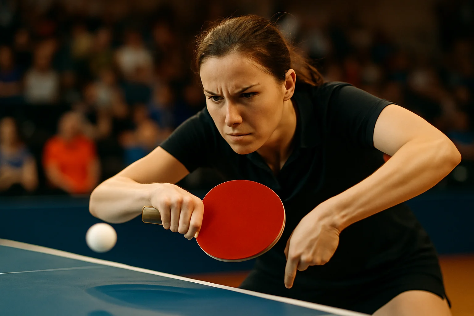 桥本帆乃香在比赛中执行削球技术的动作特写