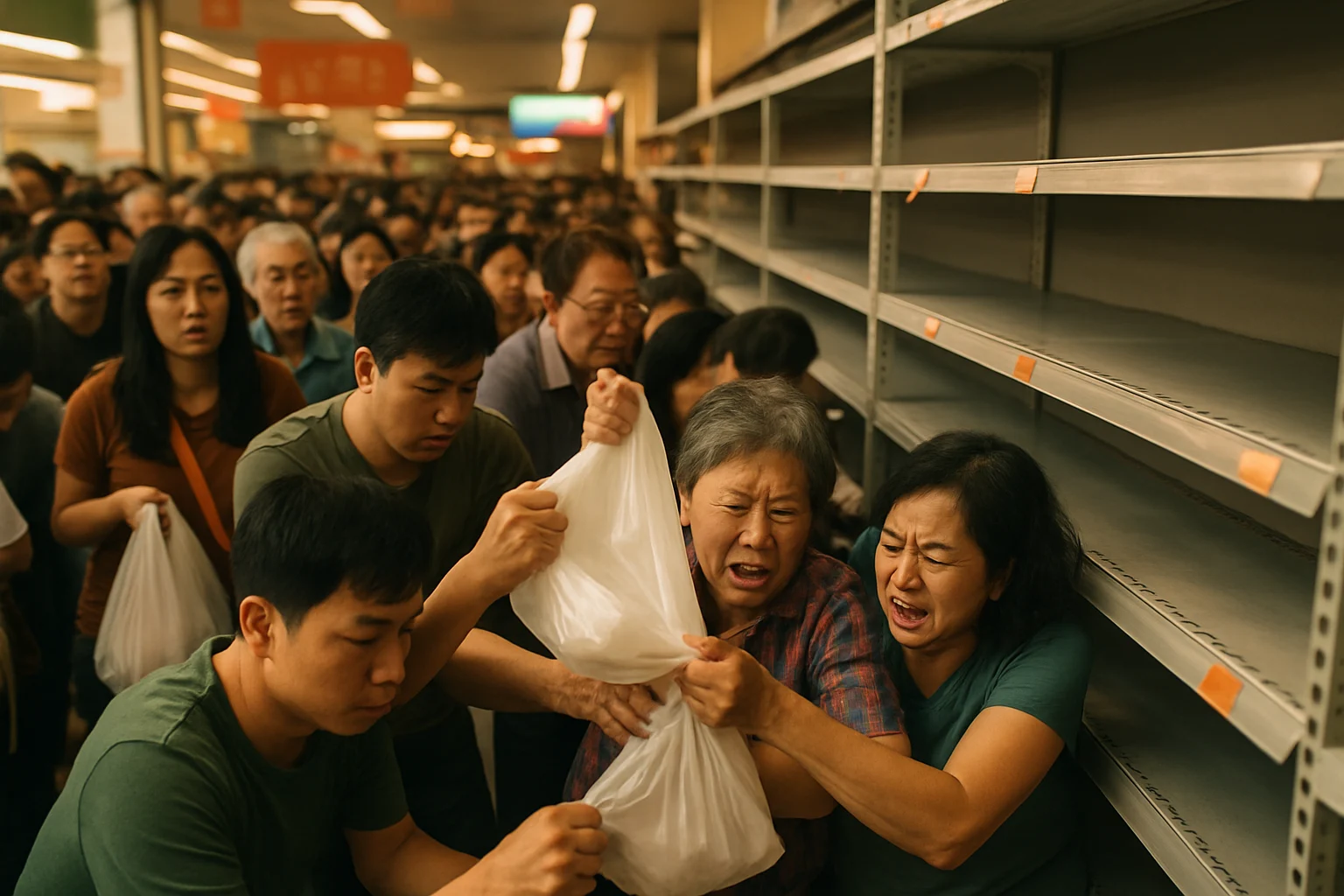 台湾民众在超市抢购塑胶袋的场景