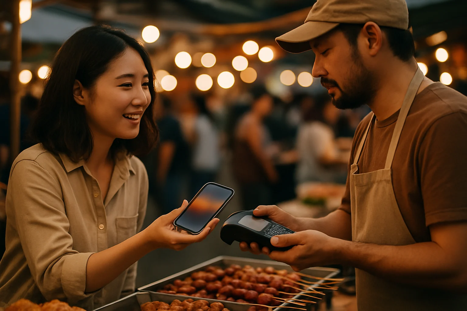 使用者在夜市攤販用iPhone Apple Pay付款購買小吃