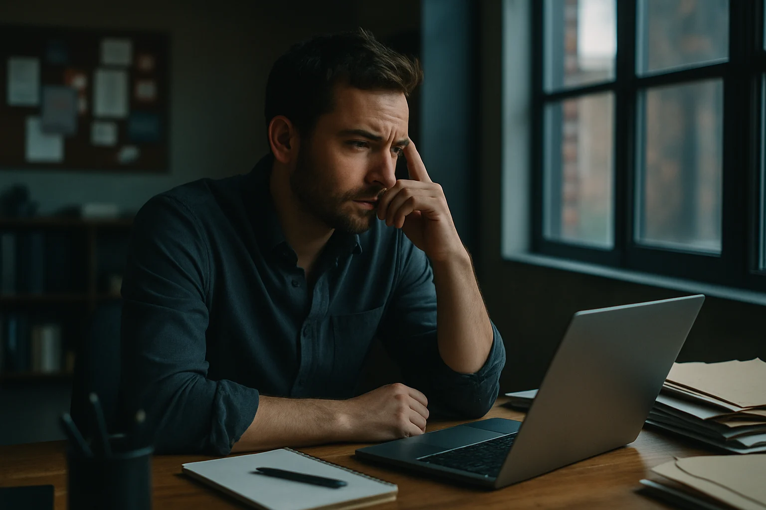 企業家在簡樸的辦公室中工作和思考