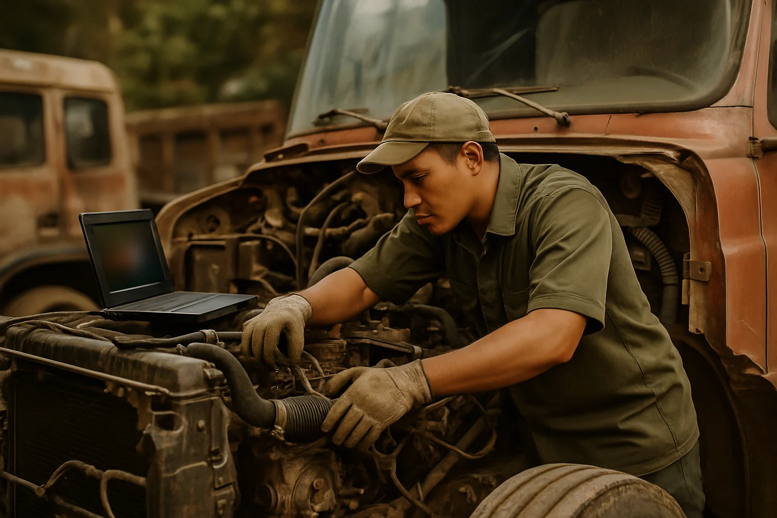 Kỹ thuật viên đang kiểm tra động cơ xe tải cũ tại garage chuyên nghiệp