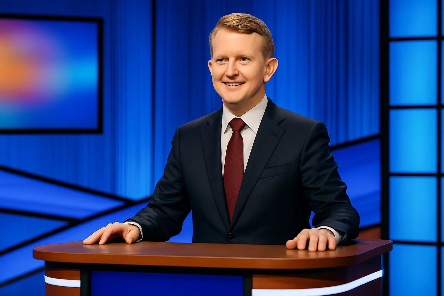 Ken Jennings standing at the Jeopardy! host's lectern, gesturing towards the clue board