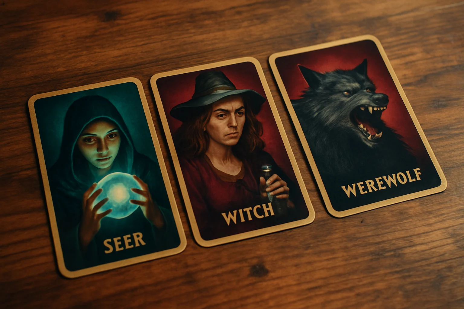 狼人殺角色牌攤開在桌上,包含預言家、女巫、狼人等各種角色牌