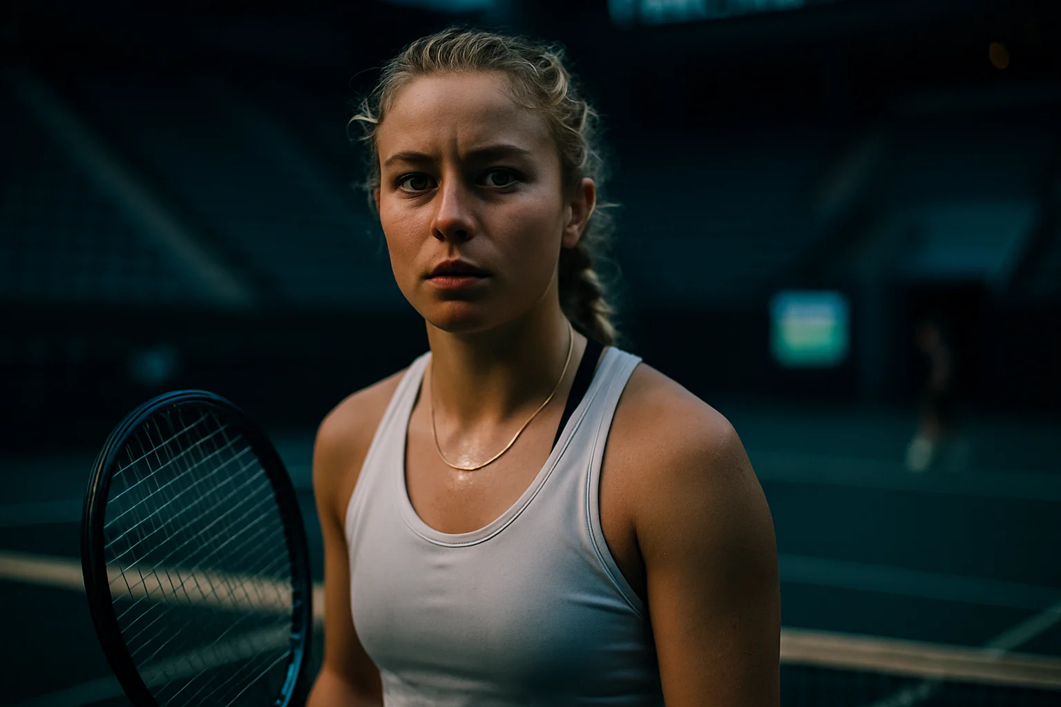 Eva Lys at the 2024 Wimbledon qualifying rounds, preparing to serve on a grass court