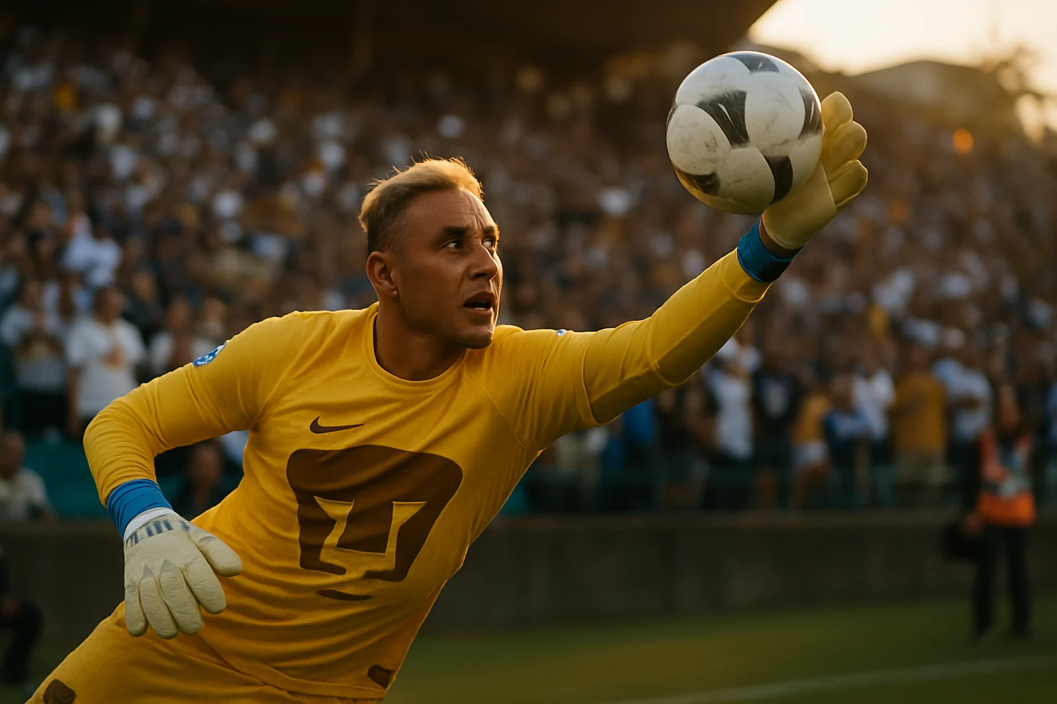 Keylor Navas in Pumas goalkeeper kit making a spectacular diving save during training session