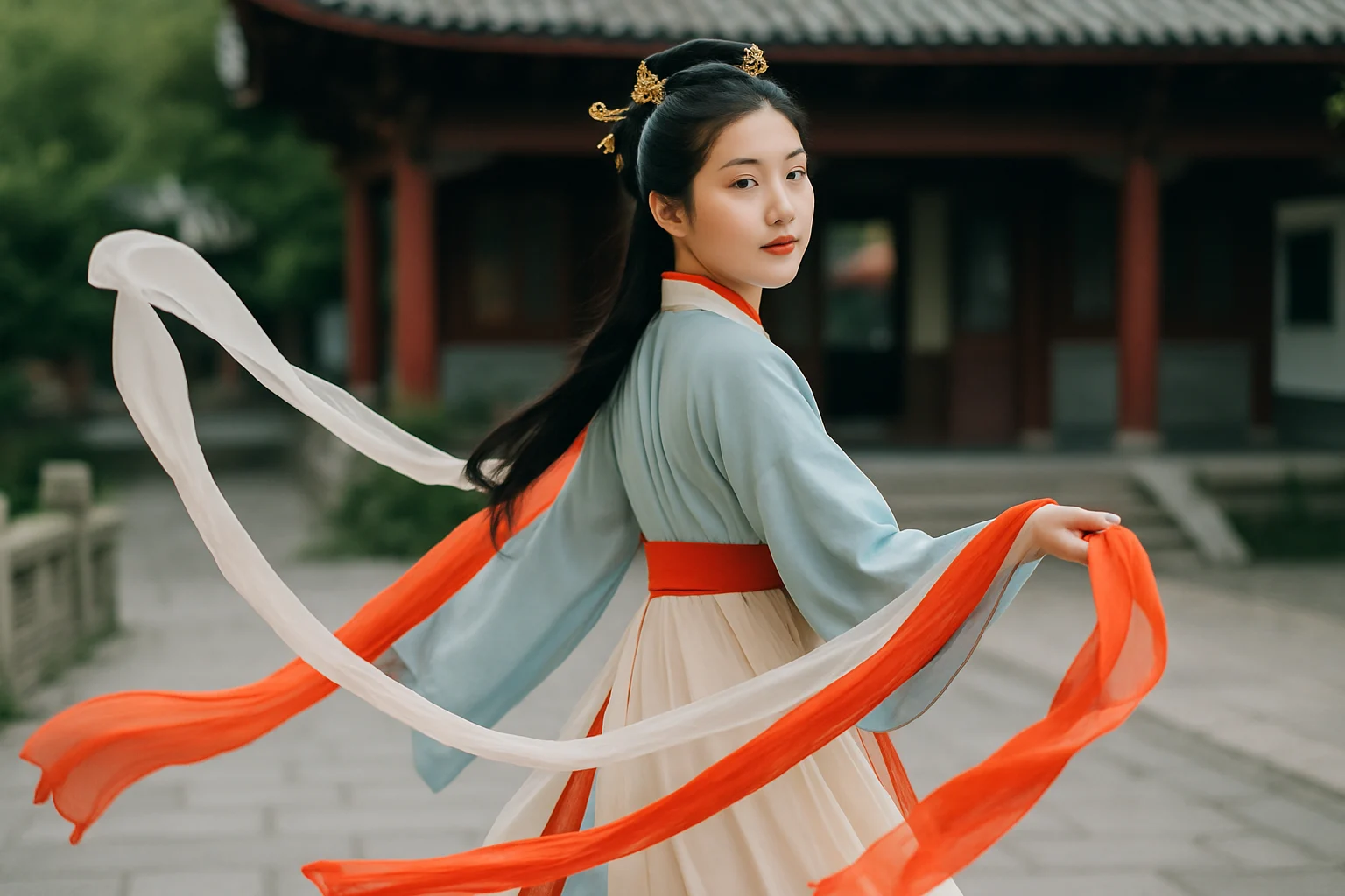 古风版回头摇挑战视频截图，展示传统服装和丝带道具