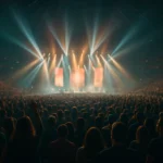 鄧紫棋在台北大巨蛋舞台上演出，現場燈光絢爛，4萬名觀眾揮舞螢光棒