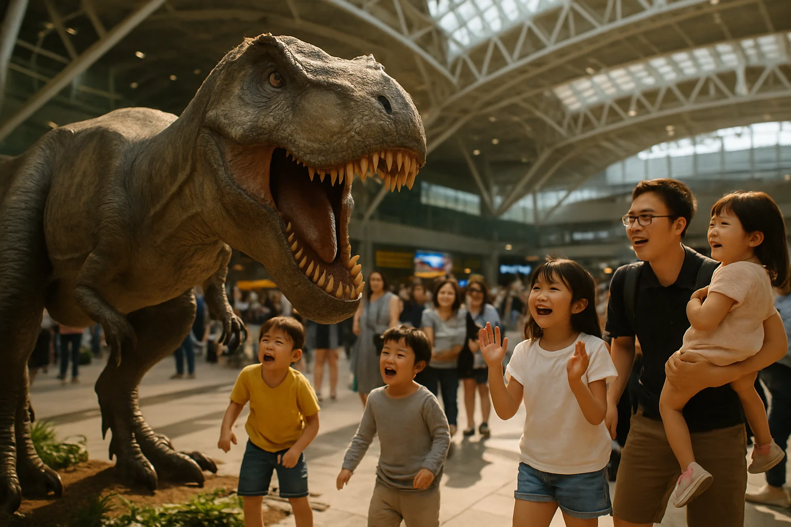 日本DINO-A-LIVE擬真恐龍在衛武營大舞台演出，觀眾近距離觀賞互動