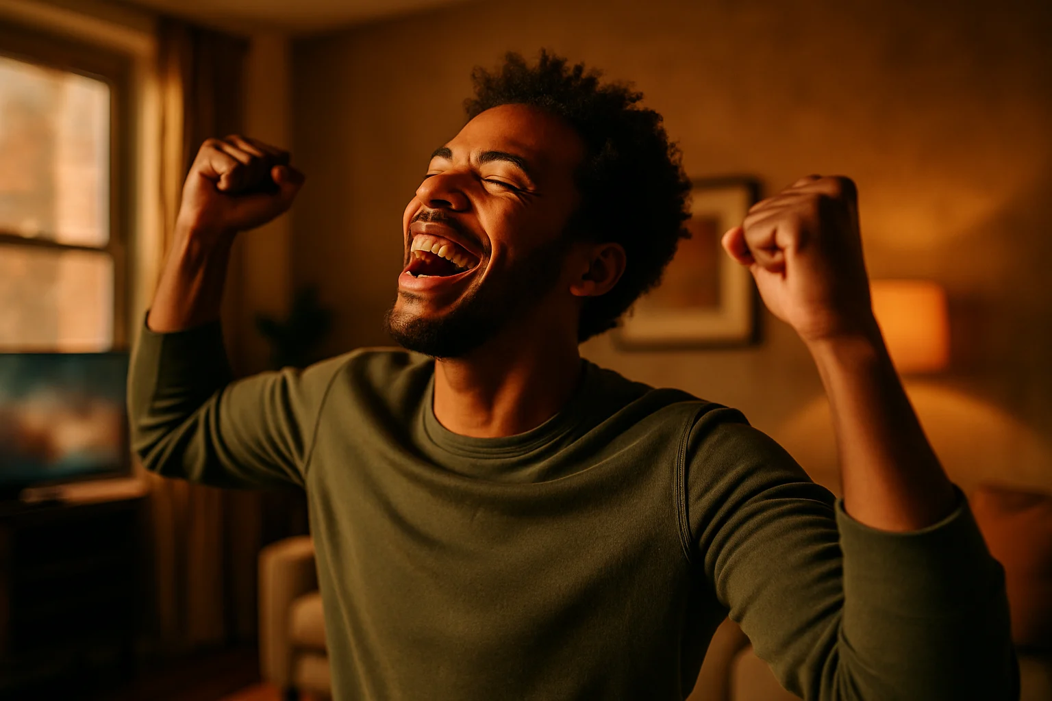 一个人在夕阳下微笑着看远方，表情满足而平静，体现了感知幸福也是一种能力