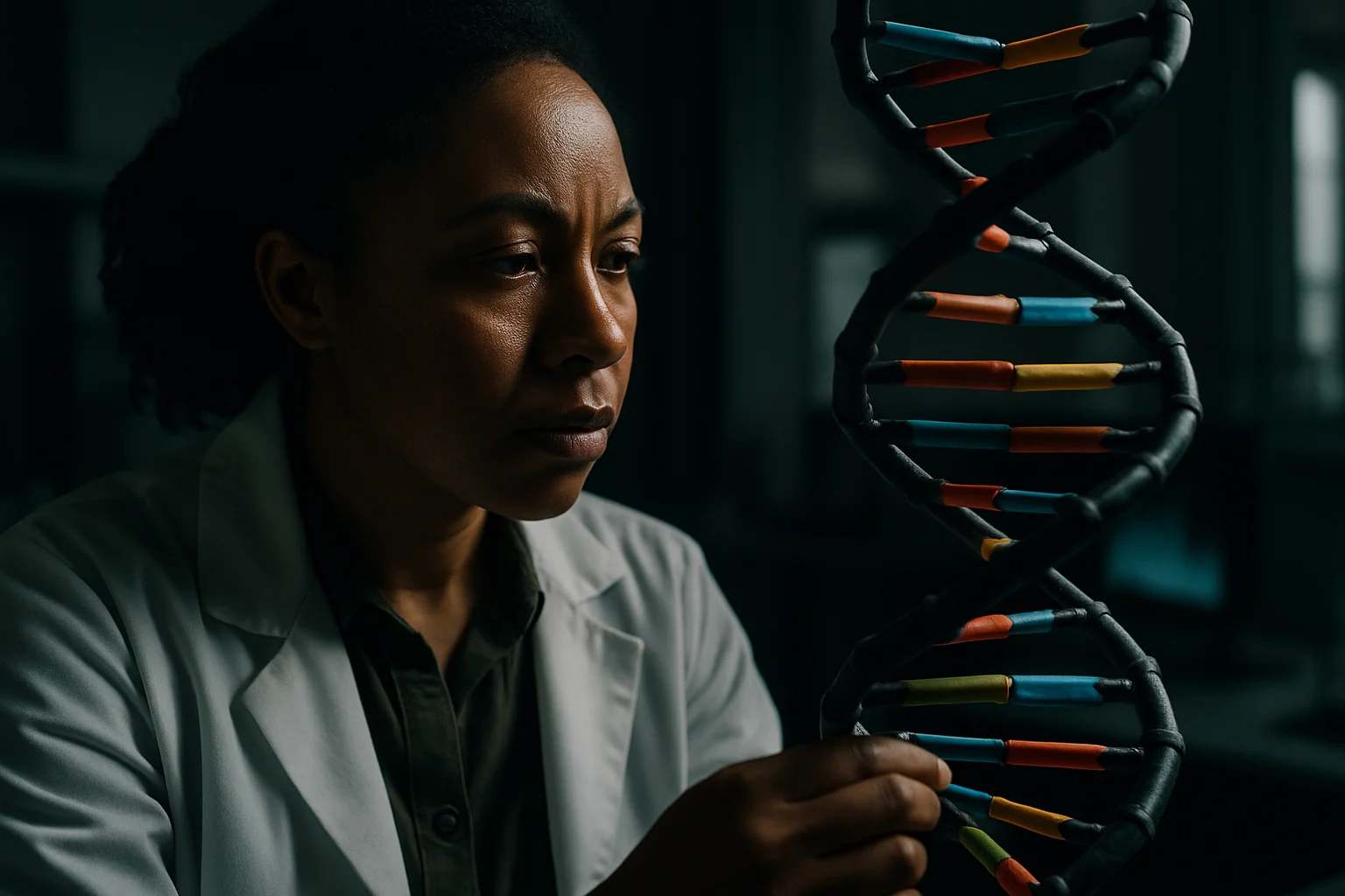 Mô hình cấu trúc DNA xoắn kép với các cặp base được tô màu