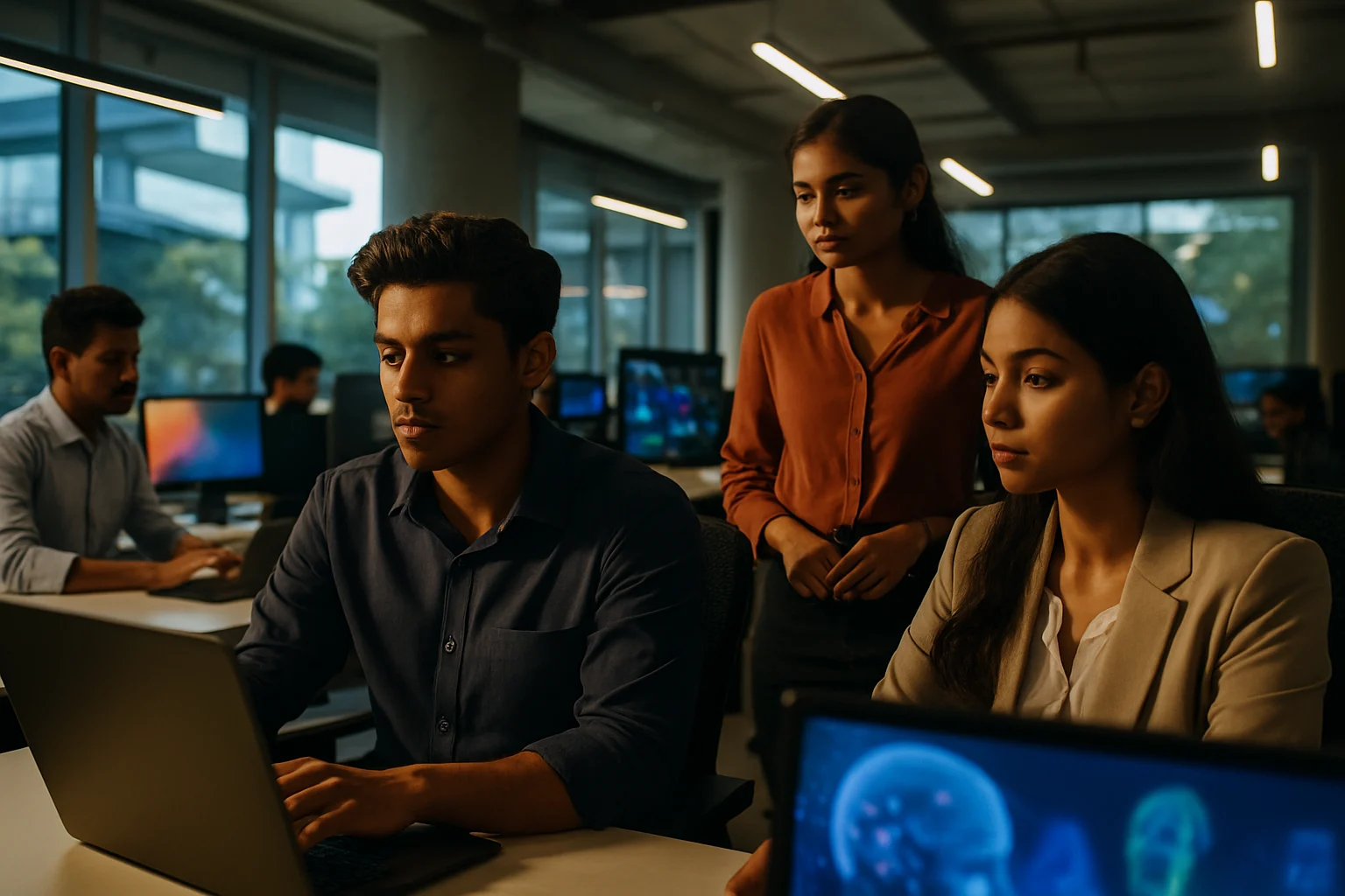 Maharashtra के IT पार्क में आधुनिक तकनीक और AI research center दिखाया गया है