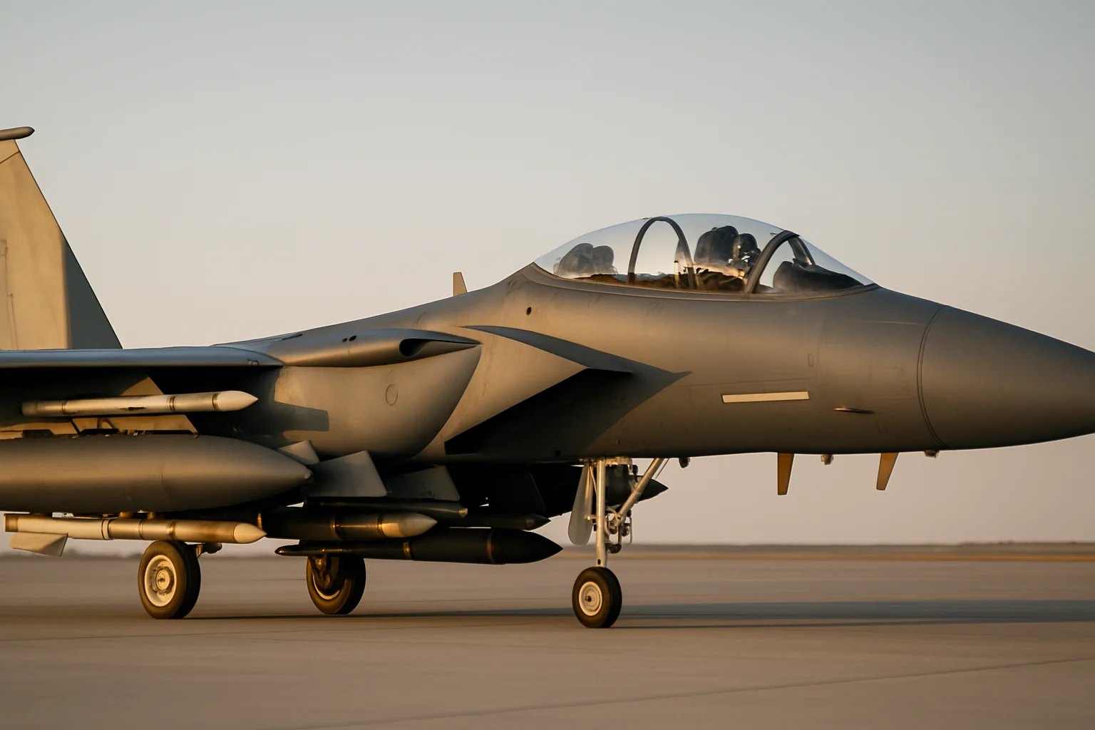 F15E戰機展示適型油箱和武器掛載配置的側面圖