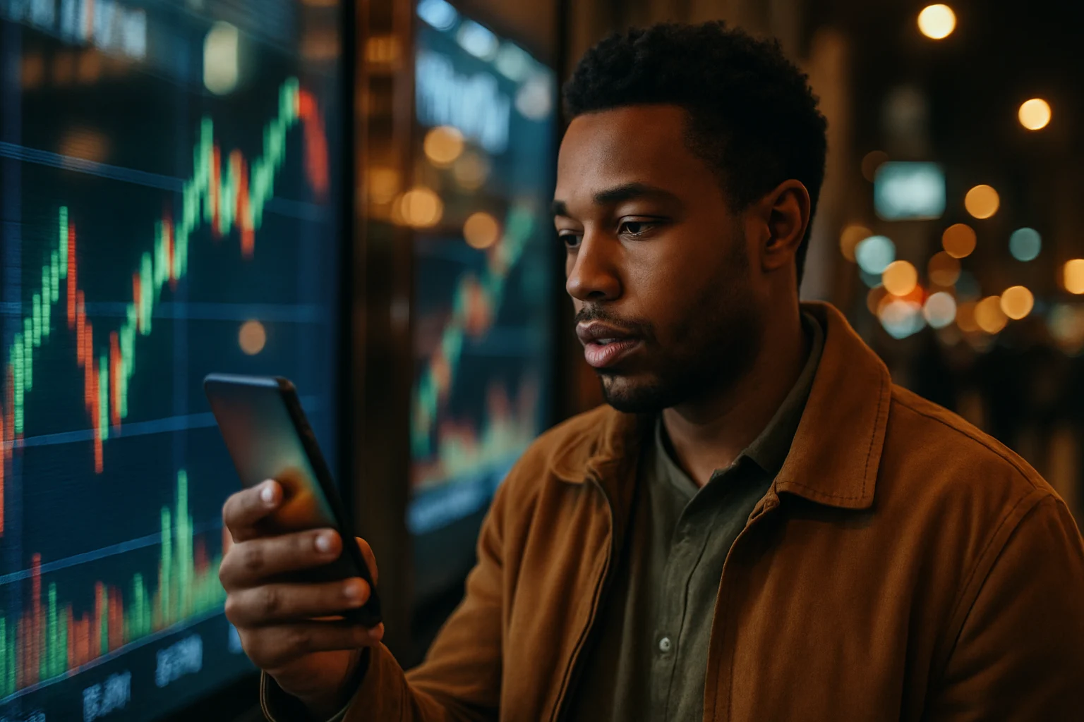 一名华人正在用手机查看股票走势图,背景是海外城市的夜景,暗示着在高薪工作之余的财富管理