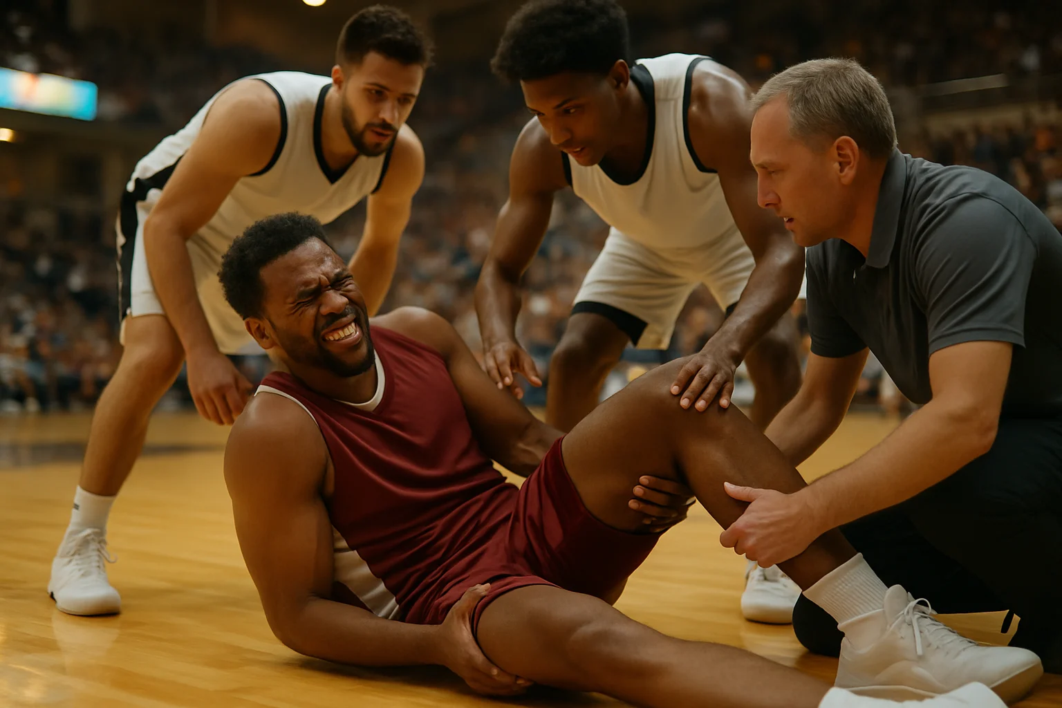 Luka Dončić在雷霆比賽中腿筋受傷倒地的瞬間